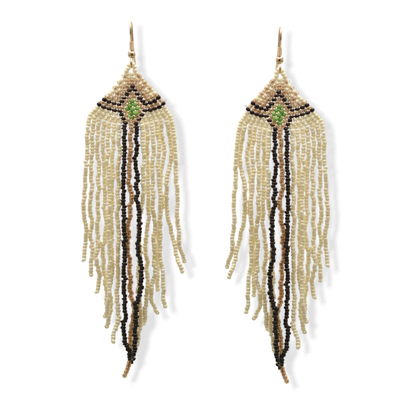 Ivory,Black, And Gold Bohemian Seed Bead Long Tassel Earrings