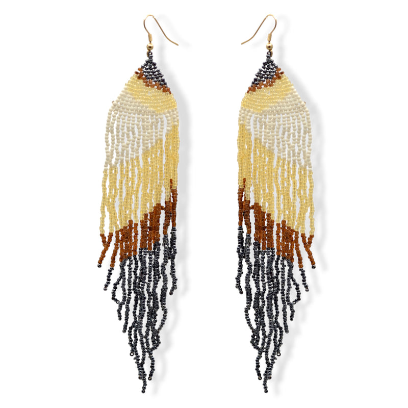 Cream,White,Black, And hematite Bohemian Seed Bead Long Tassel Earrings