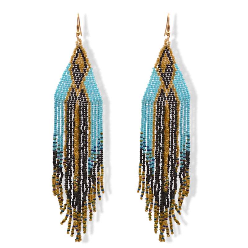 Blue,Black, And Gold Bohemian Seed Bead Long Tassel Earrings