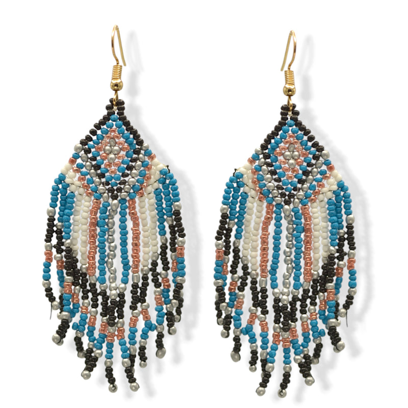 Blue, Black, White, and Champagne Bohemian Seed Bead Tassel Earrings