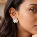 Women's Silver-Tone Faux 10 mm Pearl & Rhinestone Flower Stud Earrings | Elegant Floral Cluster Post Earrings | Fashion Costume Jewelry