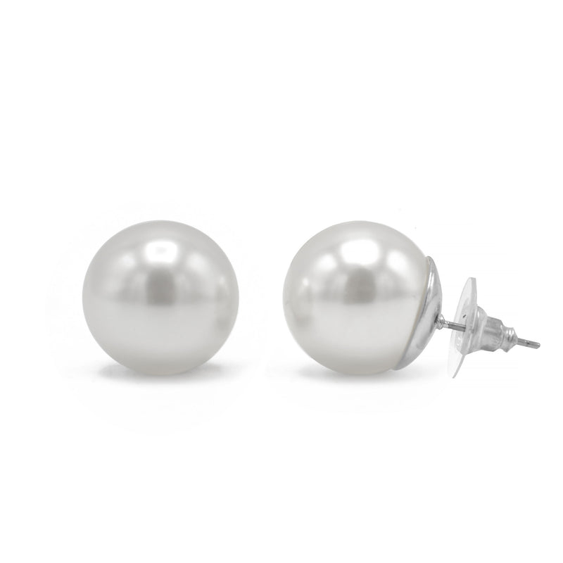 Rhodium White 16Mm Pearl Stud Earring
