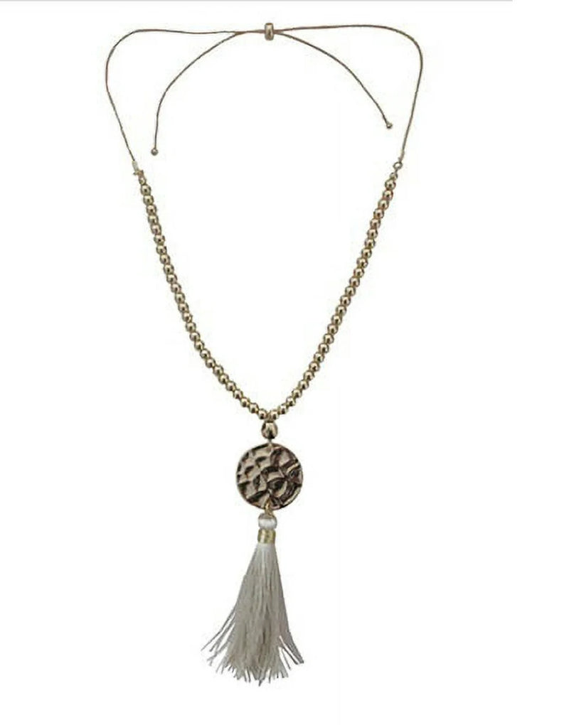 Gold Bead Long Chain with Ivory Thread Tassel Necklace A Fusion of Tradition and Modern Elegance