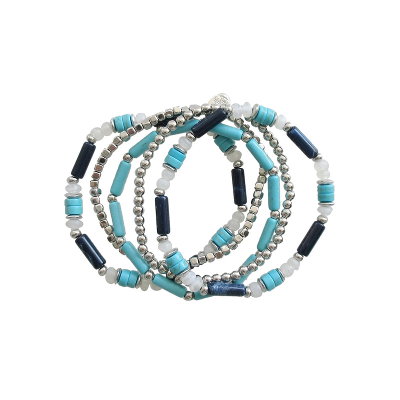 5Pcs Silver and  Mixed Color Stretch Bracelet