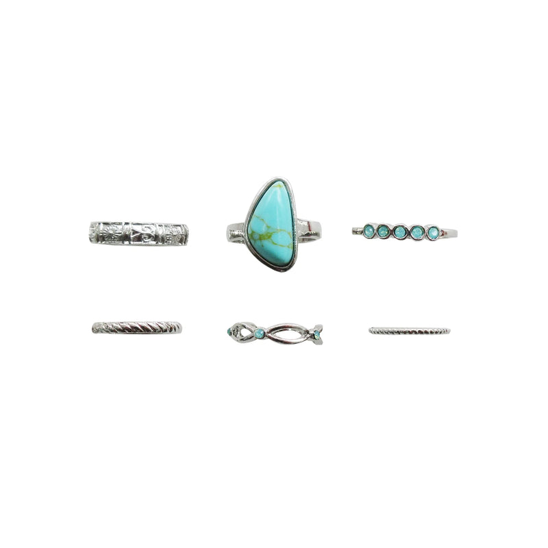 Silver and Turquoise 6Pc Large Stone And Bands Ring Set