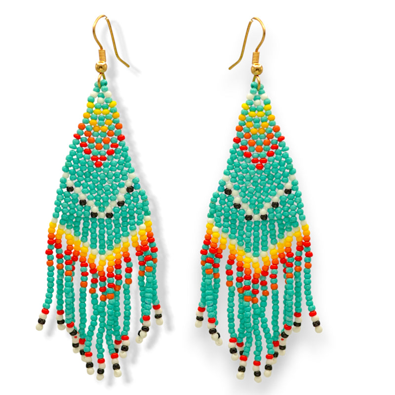 Turquoise and Multi-Color Bohemian Seed Bead Long Tassel Earrings