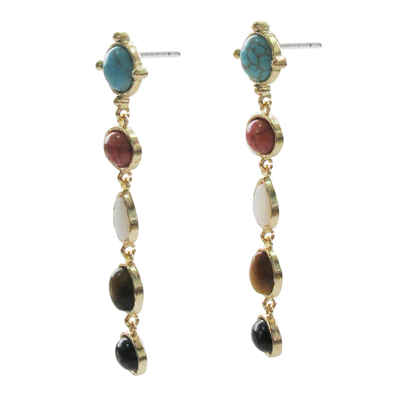 Gold Multi Turquoise, Tiger's Eye and Mother Of Pearl Drop Earrings