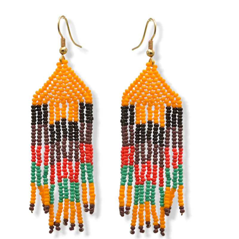 Orange and multi-color Bohemian Seed Bead Long Tassel Earrings