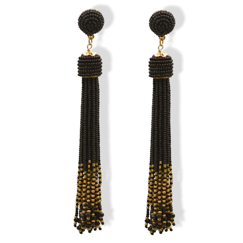 Black and Gold Bohemian Seed Bead Long Tassel Earrings