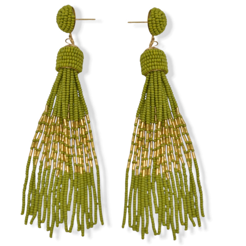 Olive and Gold Bohemian Seed Bead Long Tassel Earrings