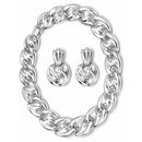 Silver-Tone Sculpted Link Statement Necklace & Earring Set – 16" Necklace, 1.8" Earrings