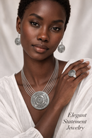 Silver Tone Multi-Strand Medallion Necklace and Fish Hook Earrings Set – Bohemian Statement Pendant Jewelry Set for Women