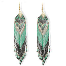 Turquoise, Black, and White Bohemian Seed Bead Long Tassel Earrings