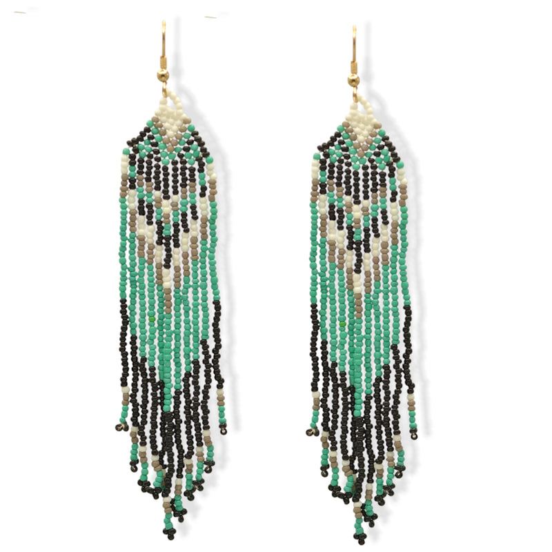 Turquoise, Black, and White Bohemian Seed Bead Long Tassel Earrings