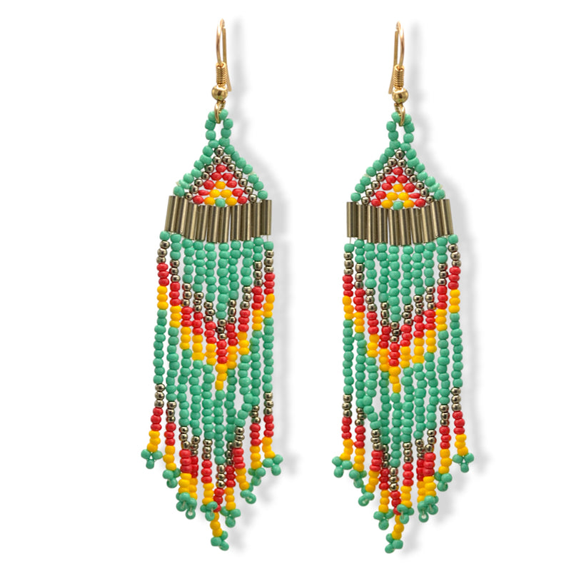 Turquoise, Coral, and Yellow Bohemian Seed Bead Long Tassel Earrings