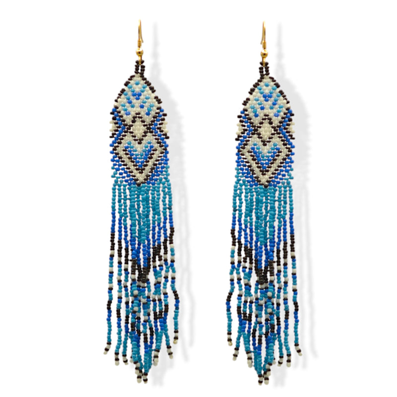 Blue Black and white Bohemian Seed Bead Long Tassel Earrings