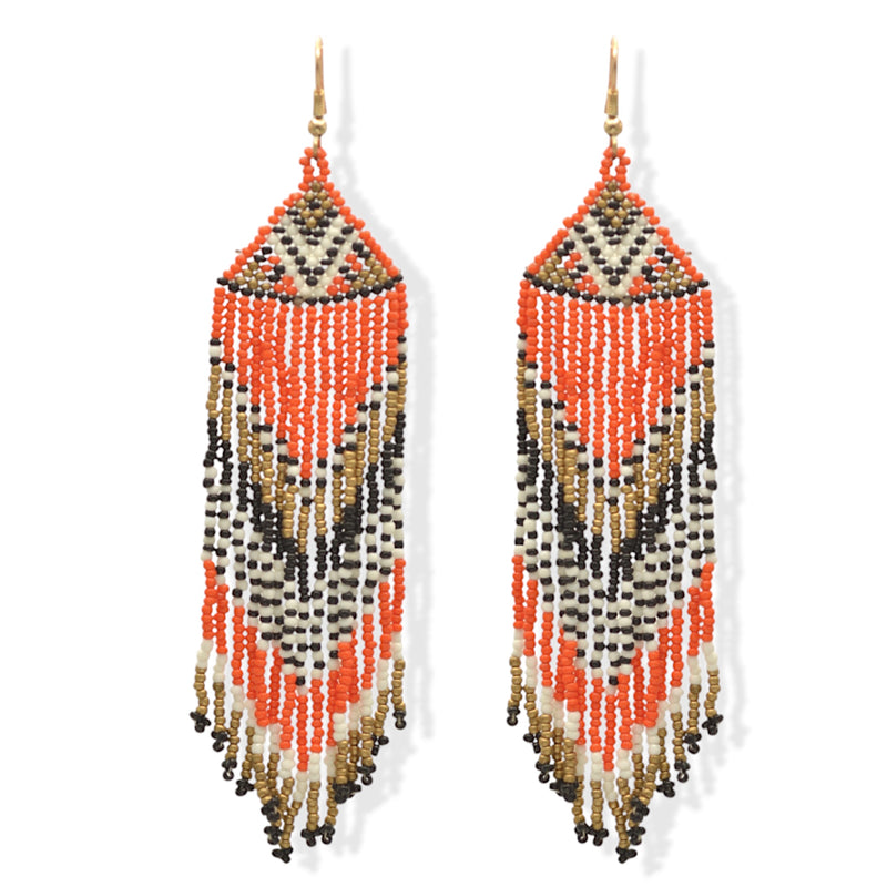 Orange, Black, White, and Gold Bohemian Seed Bead Long Tassel Earrings