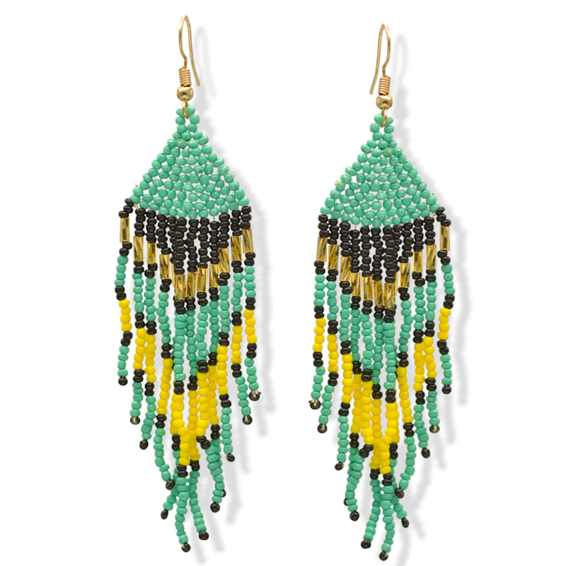 Turquoise, Black, Yellow, and Gold Bohemian Seed Bead Long Tassel Earrings