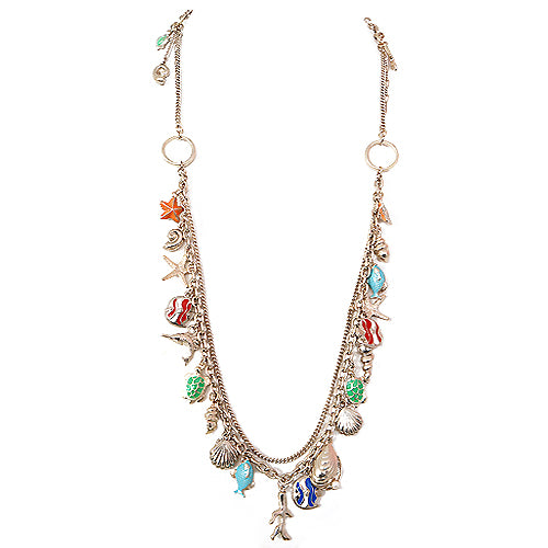 "Under the Sea" Multi Charm Gold Chain Long Necklace