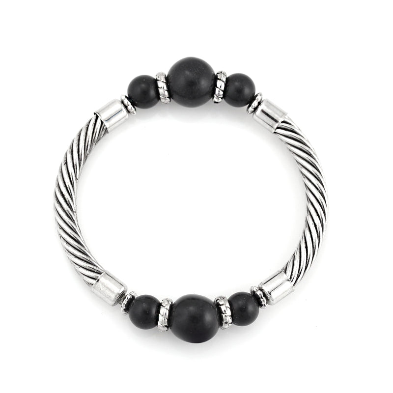 Rhodium Tone Black Beads Rope Style Bracelets