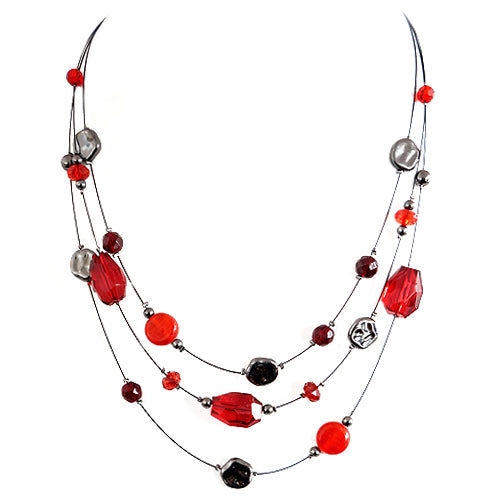 Red Beaded Three-Strand Hematite Illusion Necklace