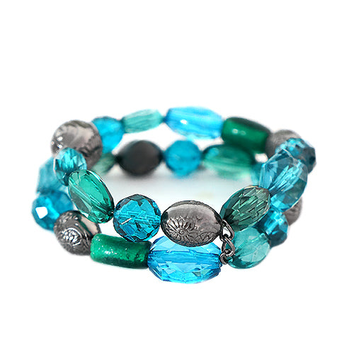 Blue and Green Mixed Bead with Hematite Metal Stretch Bracelet