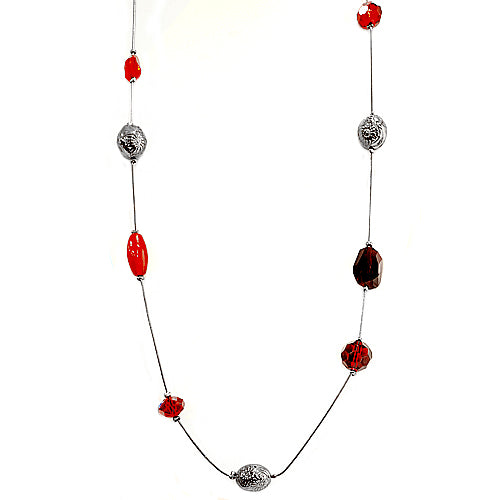Red Beaded Hematite Long Necklace 