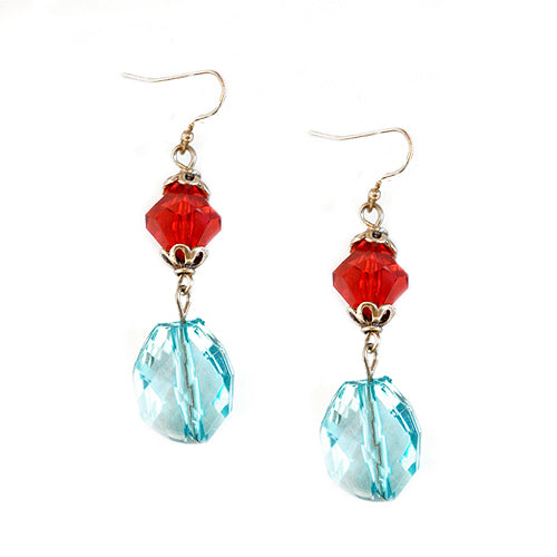 Red and Aqua Cut Beads Gold Dangle Earrings 
