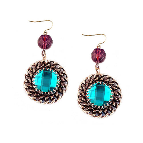 Turquoise Glass Crystal Round with Purple Bead Gold Earrings