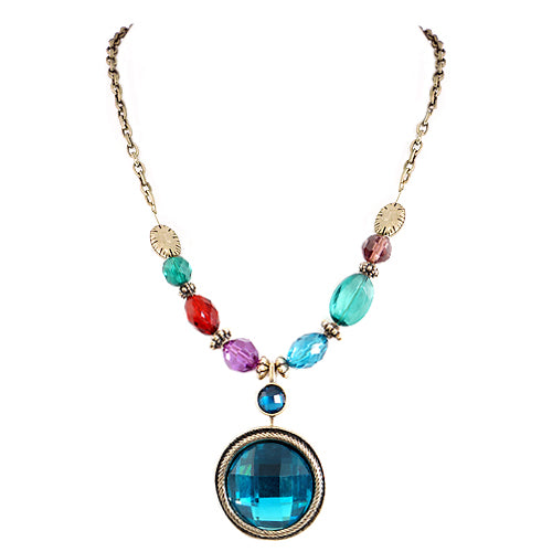 Turquoise Glass Crystal Round Pendant with Multi Beads Gold Chain Necklace 