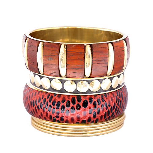 Red Leather Inlays with Wood Gold Bangles Set of 7pcs