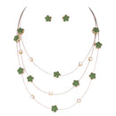 Olive Five Leaf Flower Three Strand Gold Illusion Necklace and Earrings Set