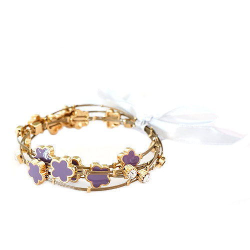 Purple Enamel Five Leaves Mini Clover and Rhinestone with Bow Gold Bracelet Set of 5pcs