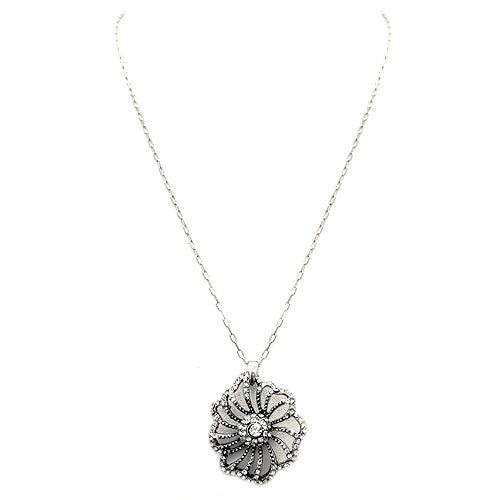 Fabulous Silver Flower with Rhinestone Pendant Necklace