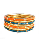 Teal and Coral Mixed Enamel Bamboo Design with Gold Textured Bangles Set of 7pcs