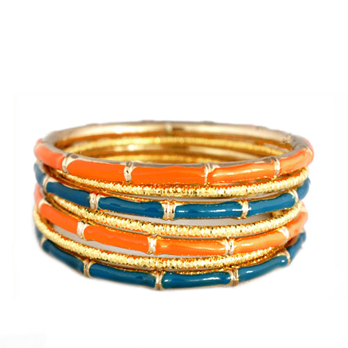 Teal and Coral Mixed Enamel Bamboo Design with Gold Textured Bangles Set of 7pcs