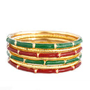 Red and Green Mixed Enamel Bamboo Design with Gold Textured Bangles Set of 7pcs