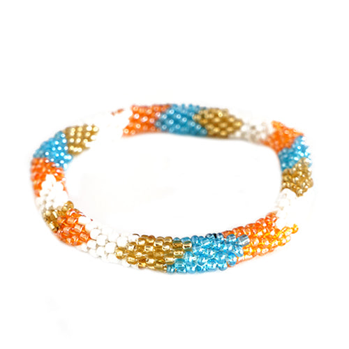 Blue White Orange Mixed Hand beaded Roll on Bracelet