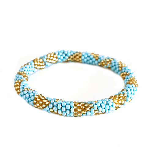 Turquoise and Gold Mixed Hand beaded Roll on Bracelet 