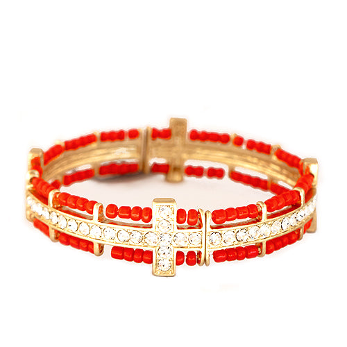 Red Seed Beads with Gold Rhinestone Cross Stretch Bracelet
