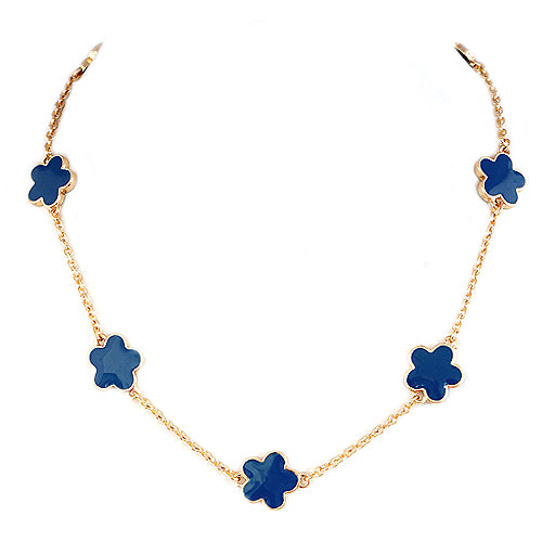 Blue Enamel Five Leaves Clover Gold Necklace