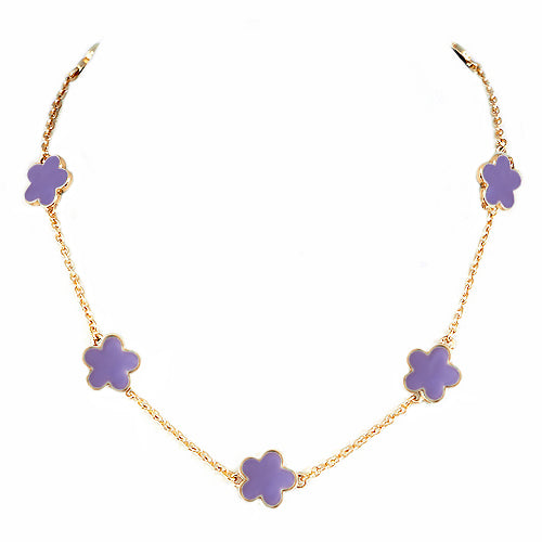 Purple Enamel Five Leaves Clover Gold Necklace