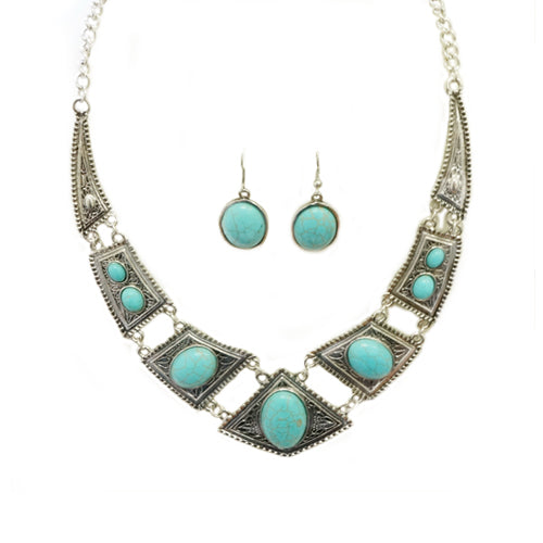 Silver tribal necklace with turquiose stones and earrings