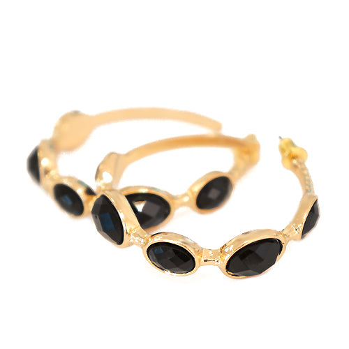 Shiny Gold with Jet Cut Beads Hoop Earrings