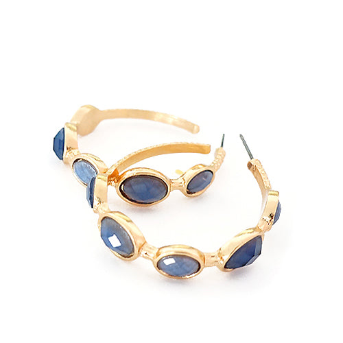 Shiny Gold with Light Blue Cut Beads Hoop Earrings