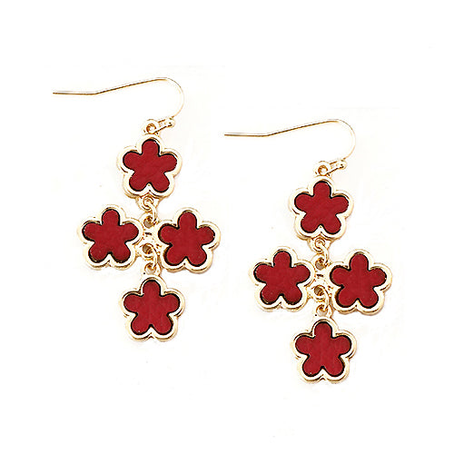 Red Five Leaf Four Flowers Gold Earrings