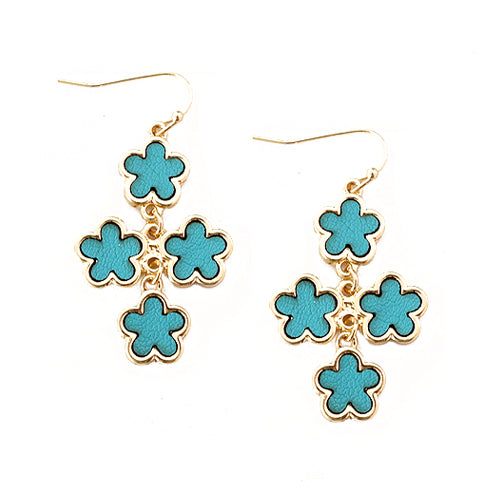 Turquoise Five Leaf Four Flowers Gold Earrings