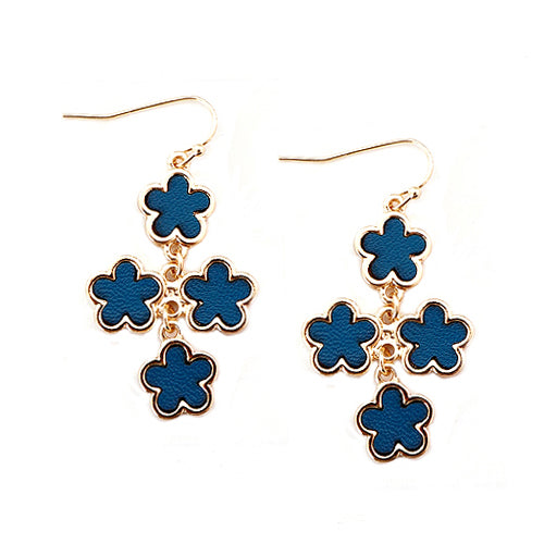Teal Five Leaf Four Flowers Gold Earrings