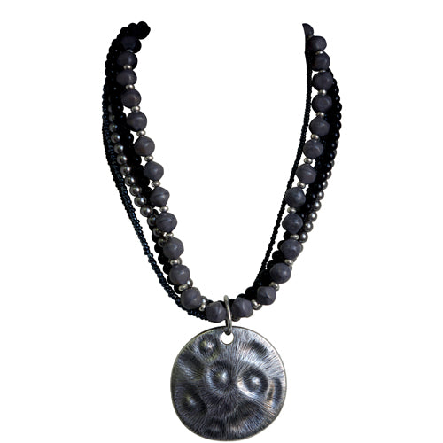 Grey and black beaded necklace with silver round plate