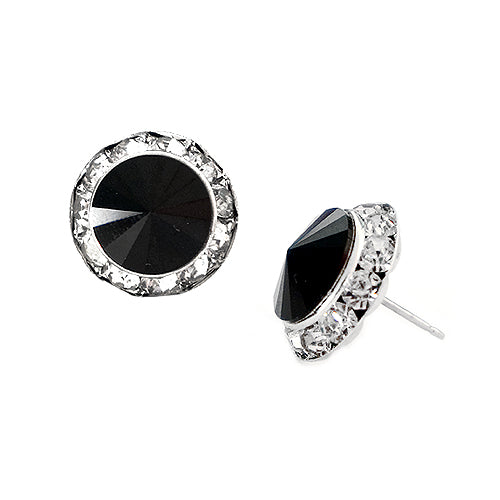 Approx. Size: 15mm Jet Glass Crystal with Clear Rhinestone Silver Stud Earrings 